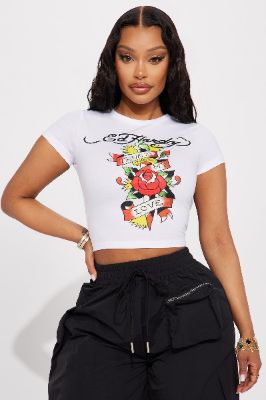 Ed Hardy Dagger And Rose Fitted Tee - White sold by Fashion Nova