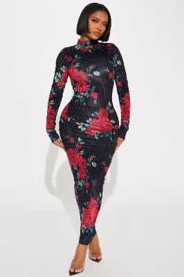 Anna Floral Maxi Dress - Black/Red sold by Fashion Nova