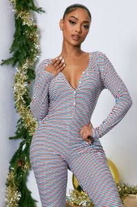 Santa's Babe PJ Jumpsuit Onesie - Red/combo sold by Fashion Nova