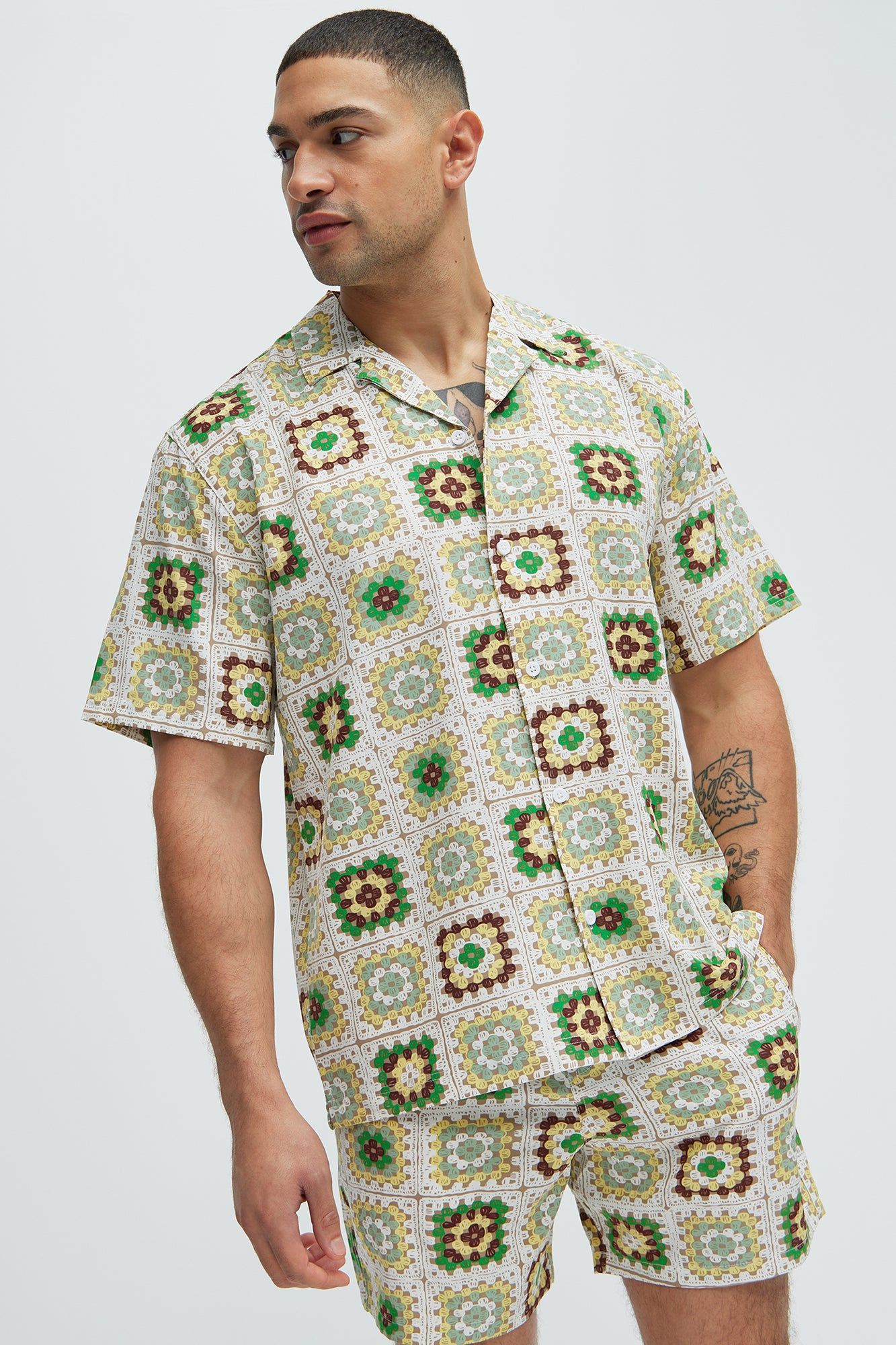 Derby Crochet Print Shirt - Off White/combo sold by Fashion Nova