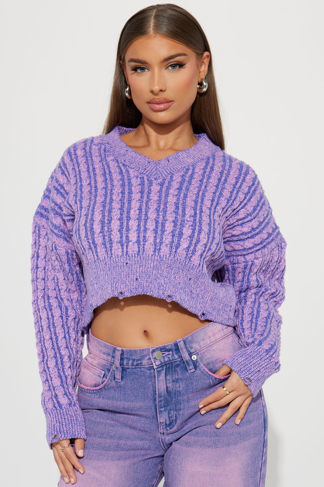 Downtown Attitude Washed Sweater - Purple/combo sold by Fashion Nova