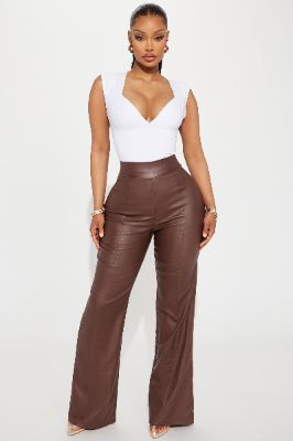 Petite Victoria High Waisted Dress Pants Faux Leather 32 - Brown sold by Fashion Nova
