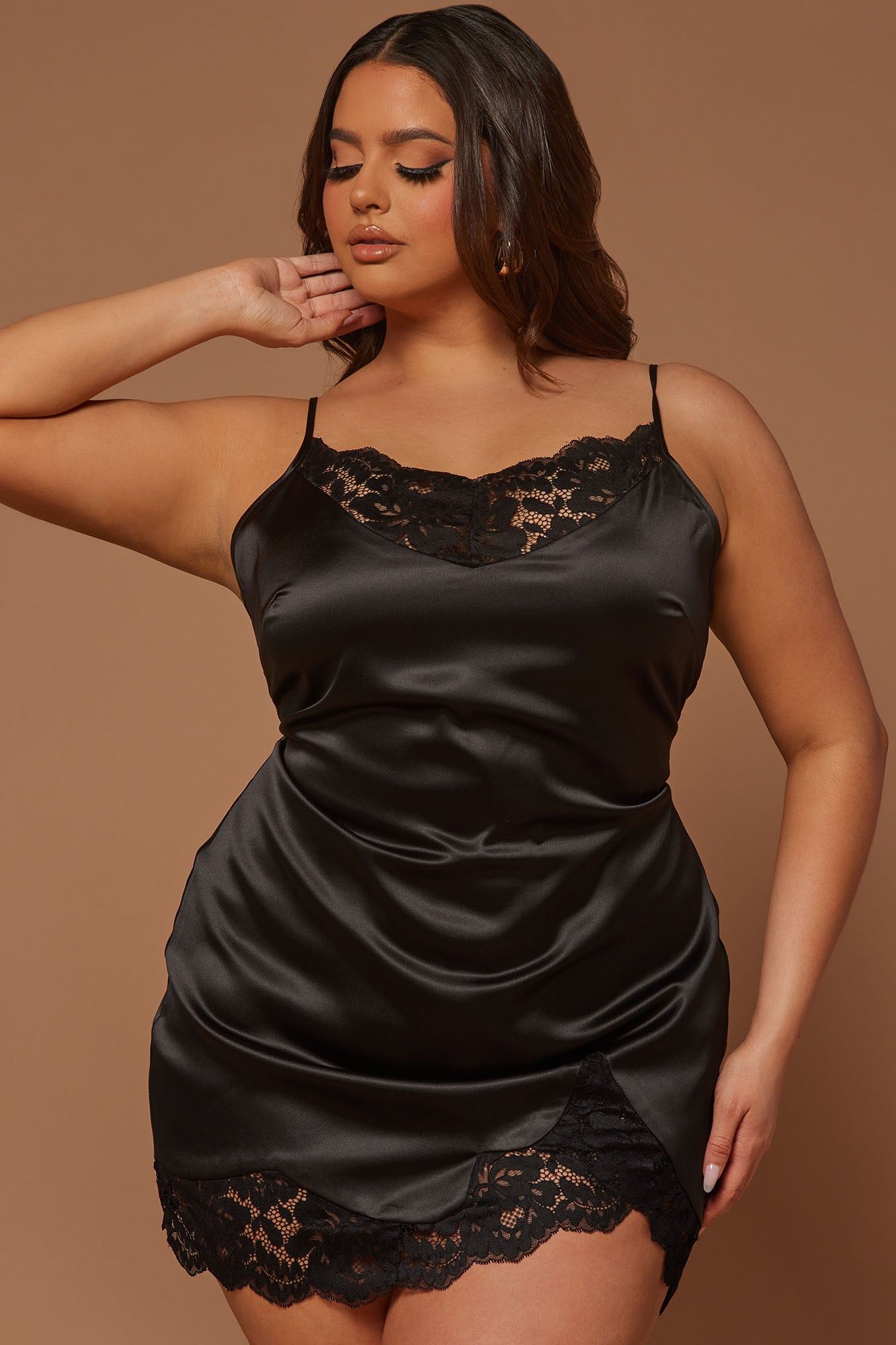 Eloise Satin Lace Mini Dress - Black sold by Fashion Nova