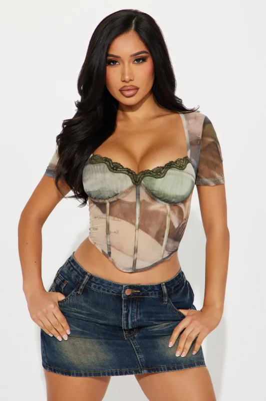Shannon Mesh Corset Top - Olive/combo sold by Fashion Nova