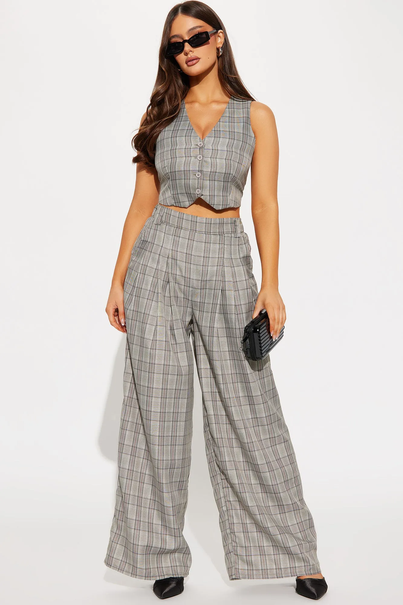 Brittany Plaid Vest Set - Grey/combo sold by Fashion Nova
