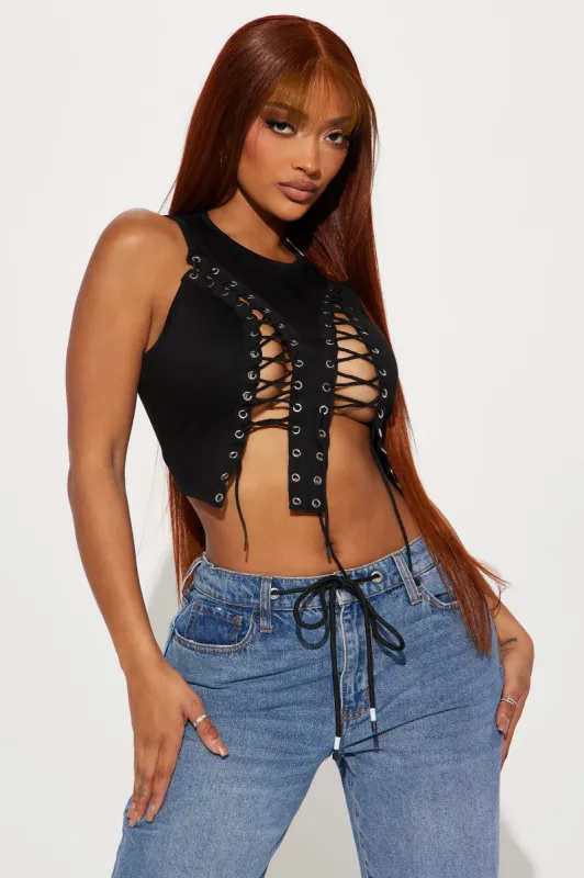 Center Of Attention Lace Up Top - Black sold by Fashion Nova