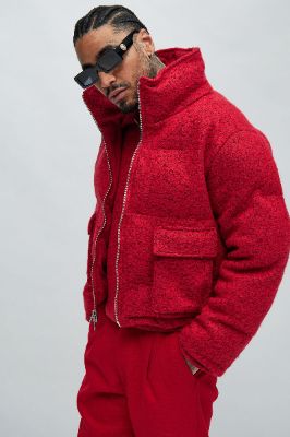 Hallron Textured Cropped Puffer - Red/combo sold by Fashion Nova