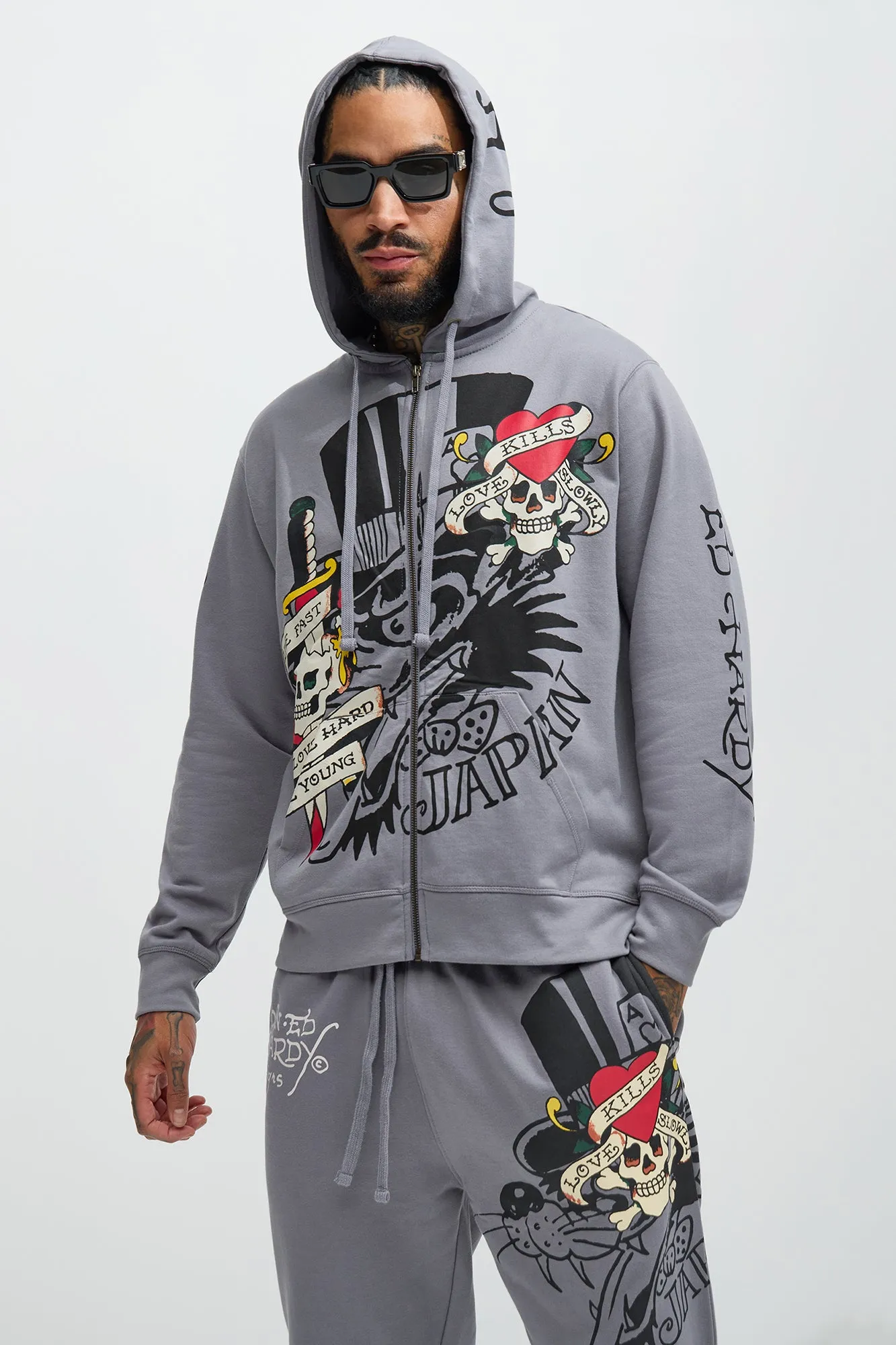 Ed Hardy Love Kills Zip Up Hoodie - Grey sold by Fashion Nova