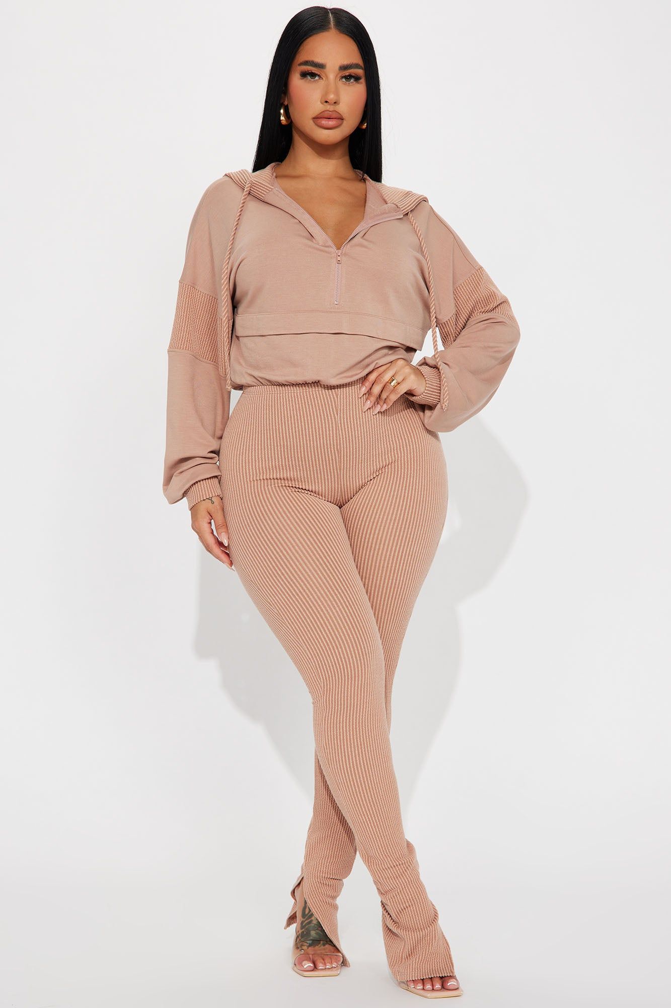Off The Stage Hoodie Jumpsuit - Taupe sold by Fashion Nova