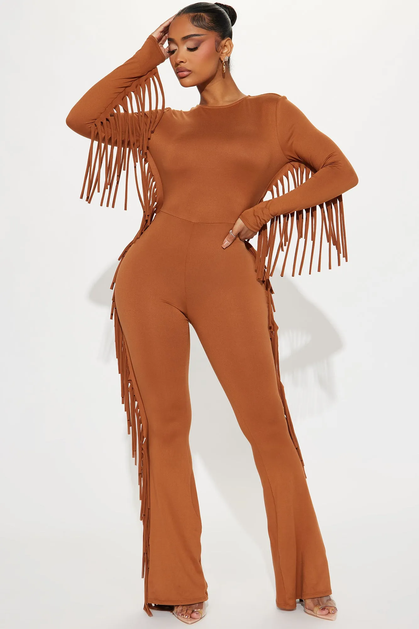 Keeping Tabs Fringe Jumpsuit - Cognac sold by Fashion Nova
