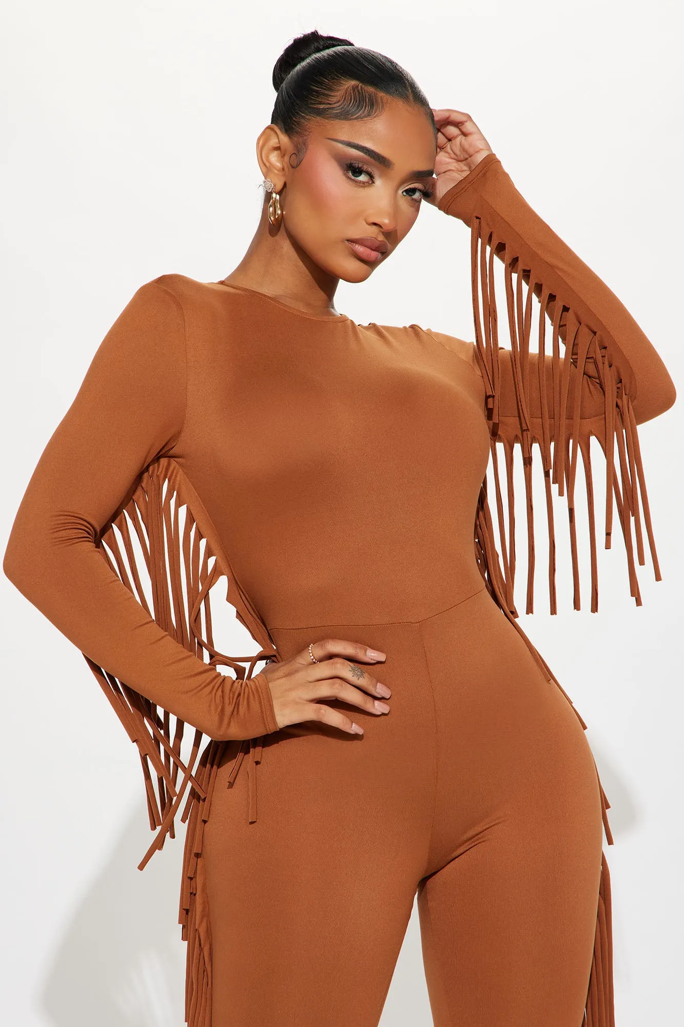 Keeping Tabs Fringe Jumpsuit - Cognac sold by Fashion Nova product image thumbnail 2