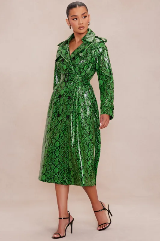 Denise Snake Trench Coat - Green/combo sold by Fashion Nova