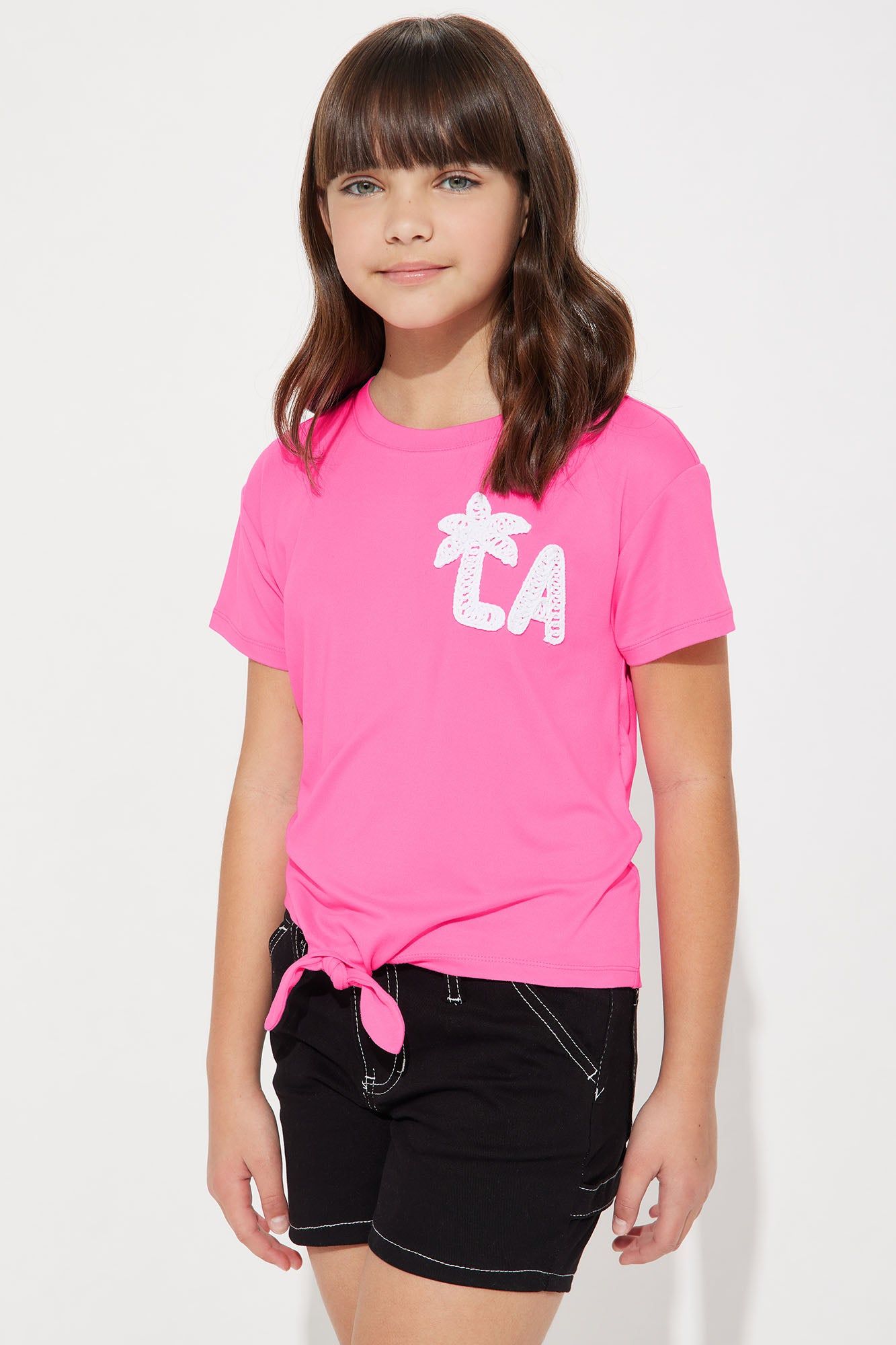 Mini LA Embroidery Tie Front Tee - Pink sold by Fashion Nova