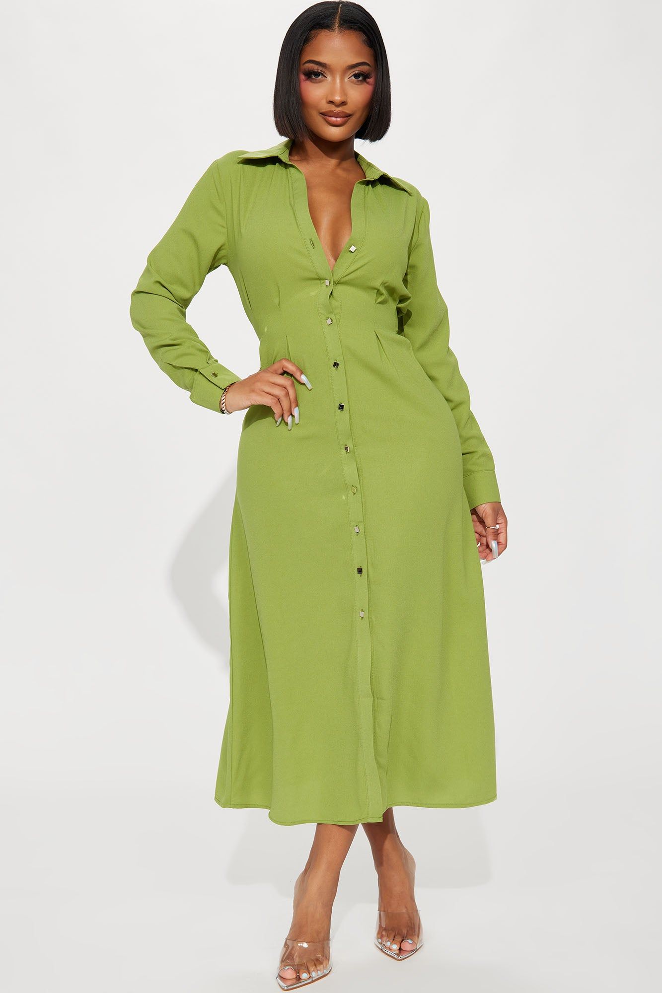 Ophelia Button Down Midi Shirt Dress - Green sold by Fashion Nova