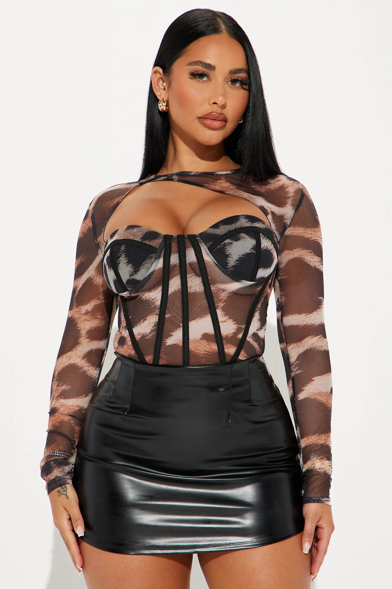 Big Energy Leopard Mesh Corset Top - Brown/combo sold by Fashion Nova