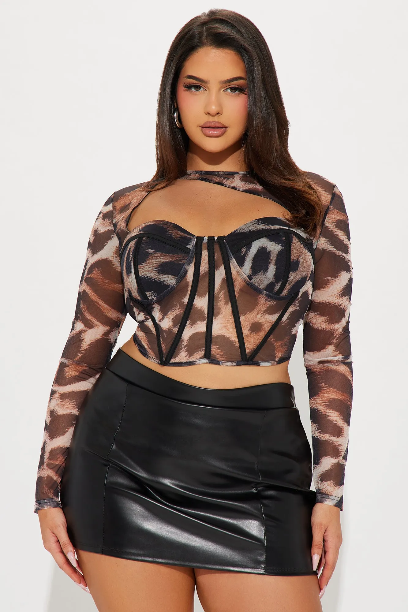 Big Energy Leopard Mesh Corset Top - Brown/combo sold by Fashion Nova product image thumbnail 4