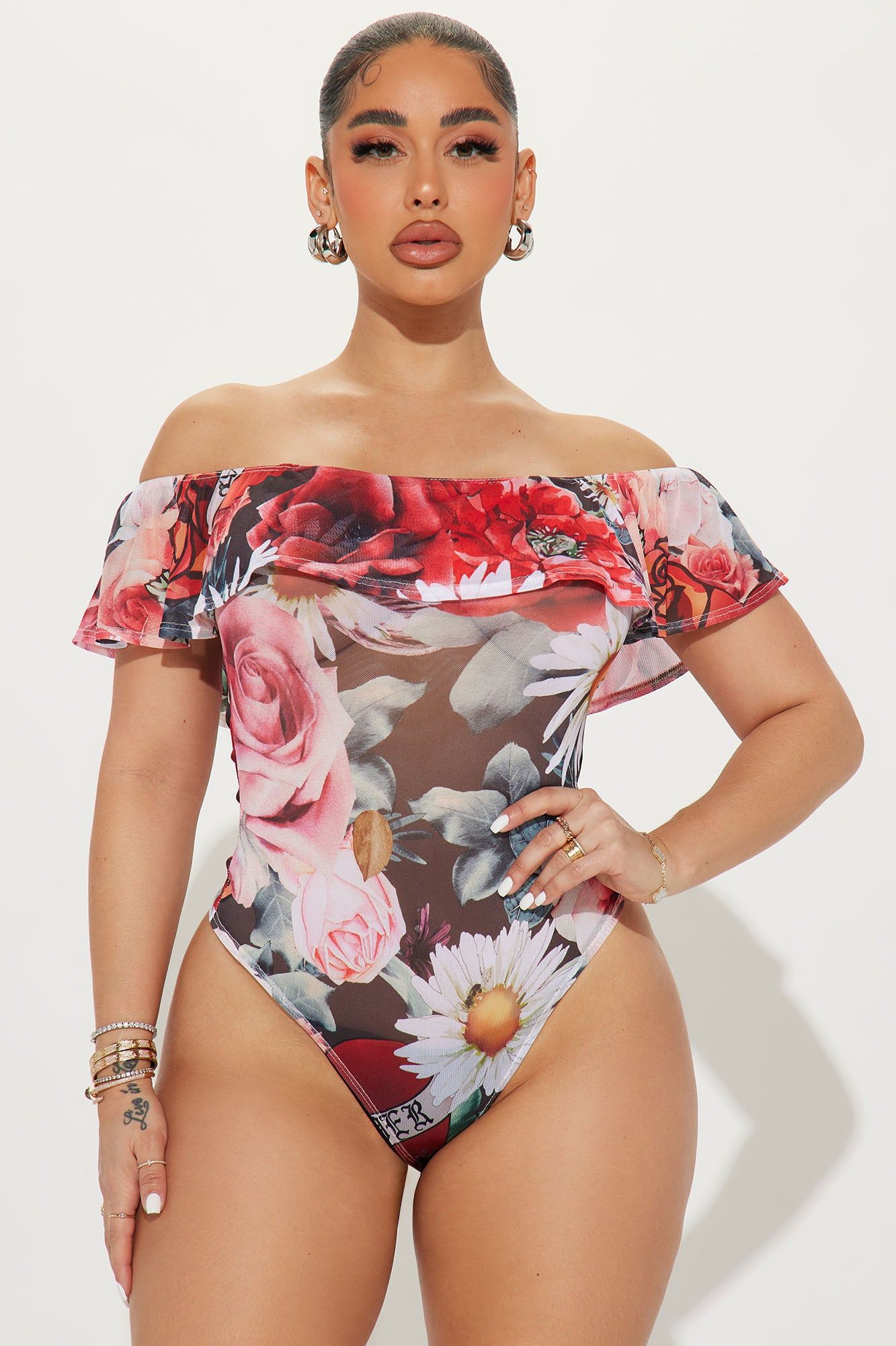 Floral Arrangement Bodysuit - Red/combo sold by Fashion Nova