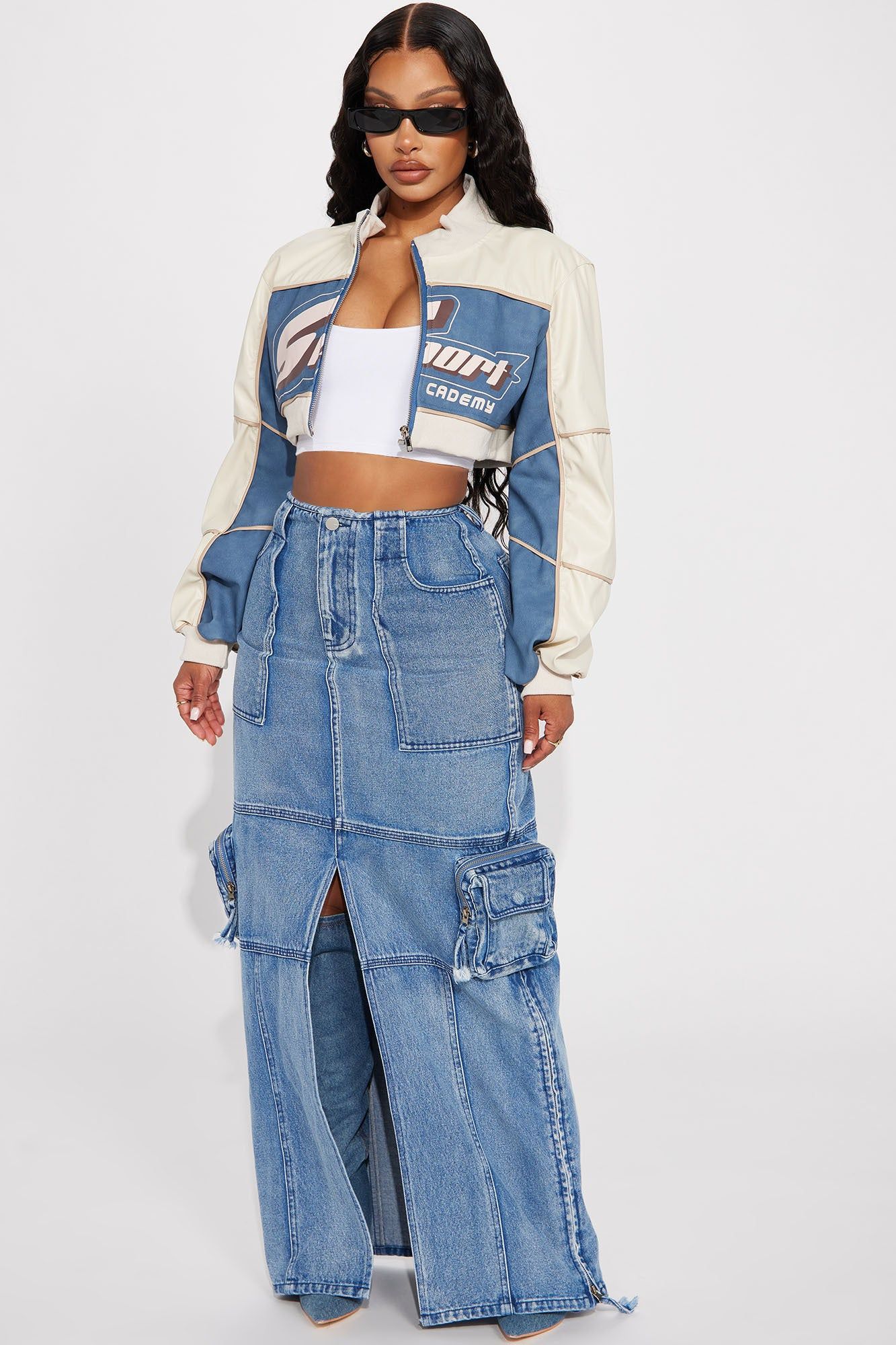 Break It Off Cargo Denim Maxi Skirt - Medium Wash sold by Fashion Nova