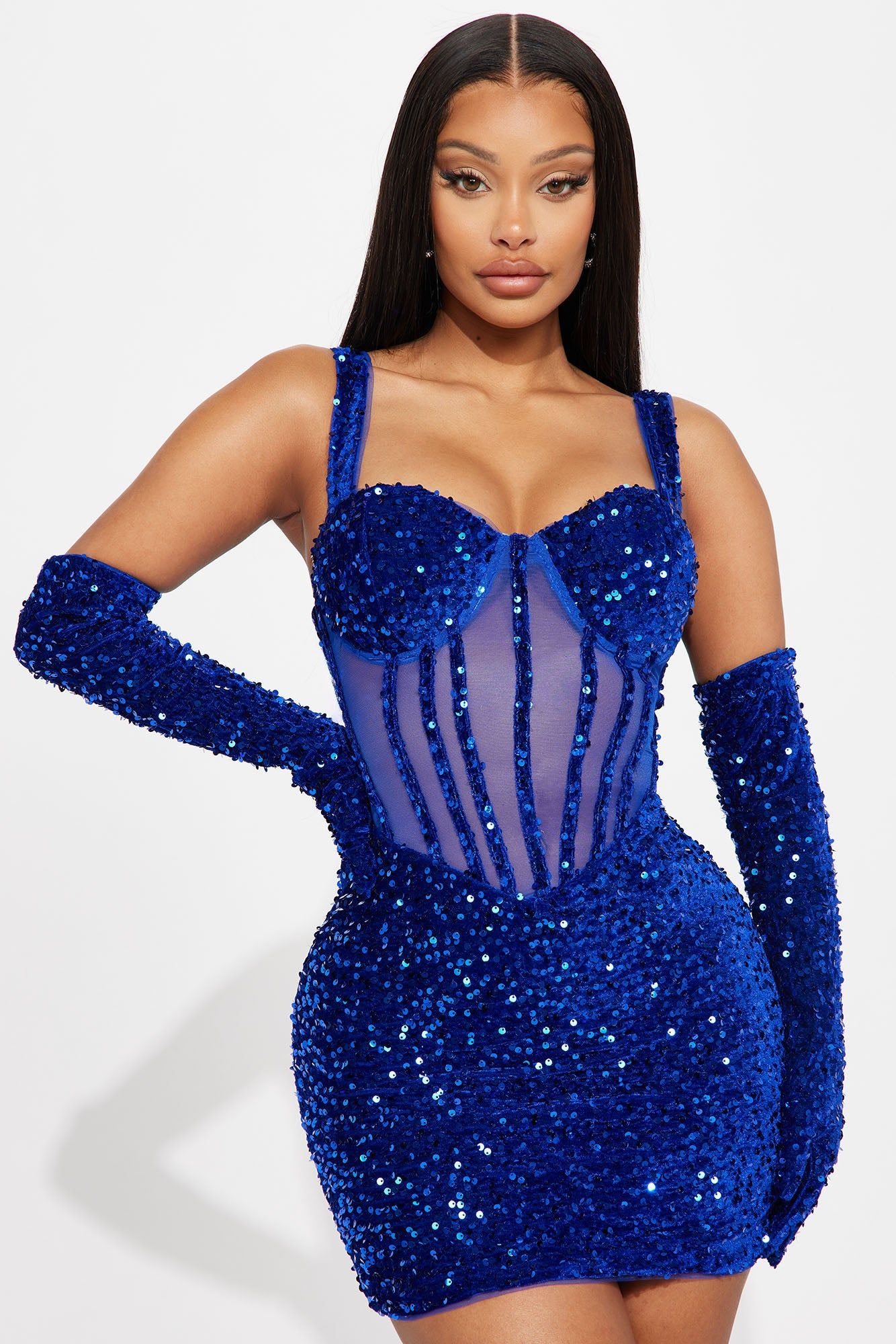 Khloe Sequin Mini Dress - Royal sold by Fashion Nova