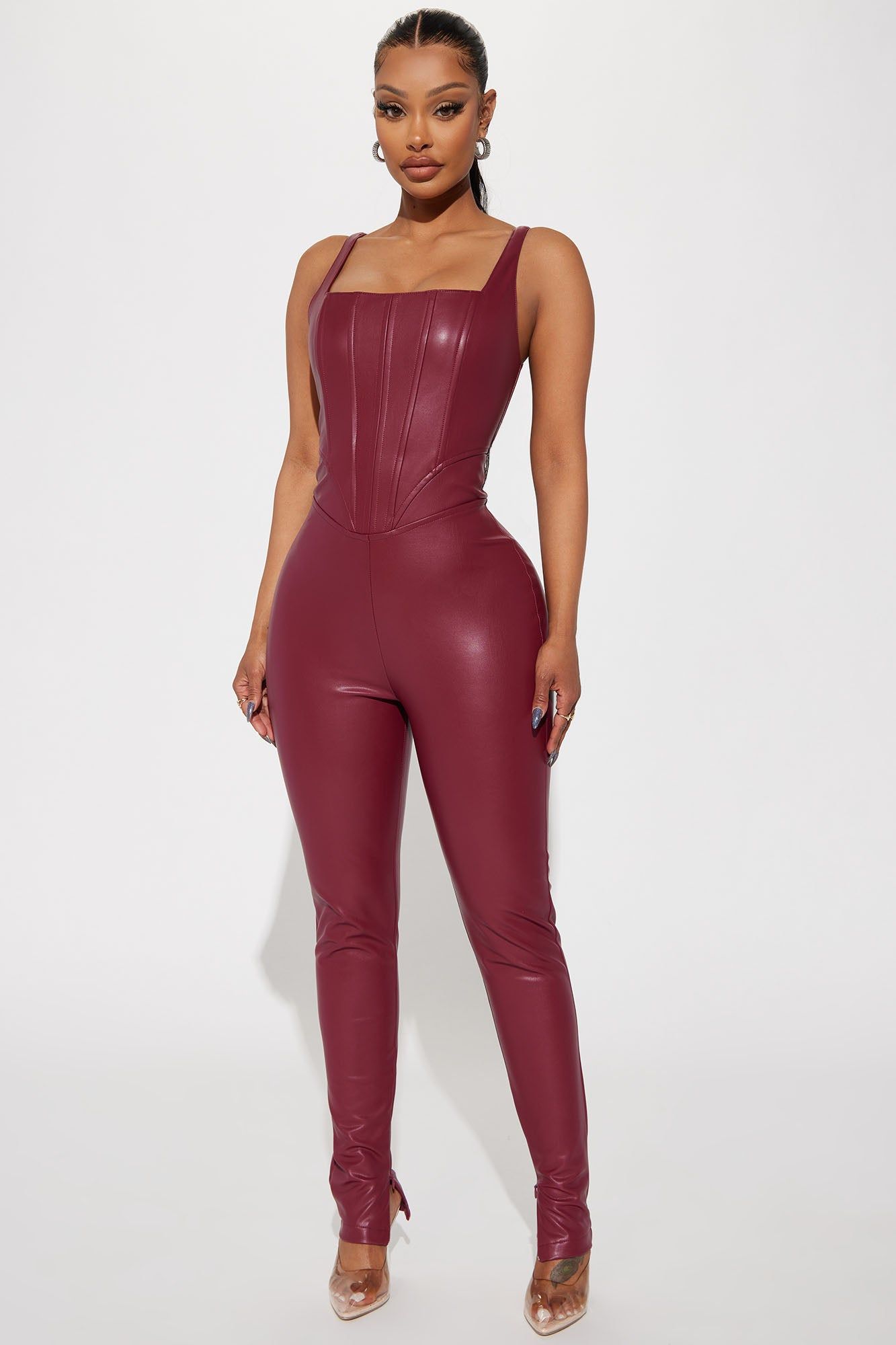 Born With It Faux Leather Jumpsuit - Burgundy sold by Fashion Nova