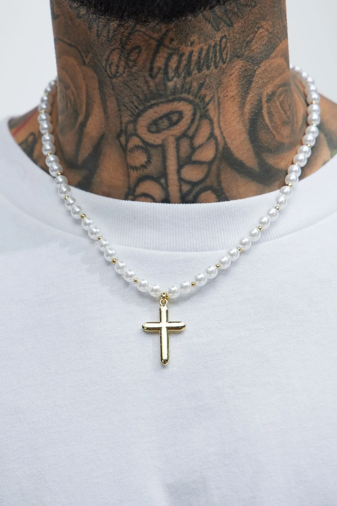 Pearl Beaded Cross Necklace - White/Gold sold by Fashion Nova