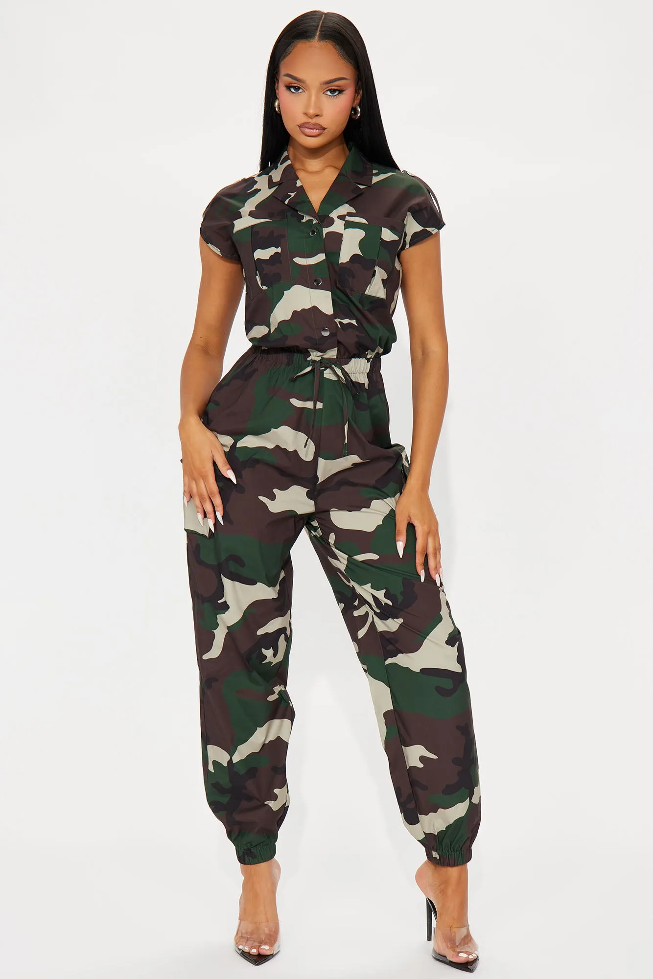 Playing Straight Up Camo Jumpsuit - Olive/combo sold by Fashion Nova