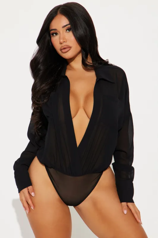 Money Moves Chiffon Bodysuit - Black sold by Fashion Nova