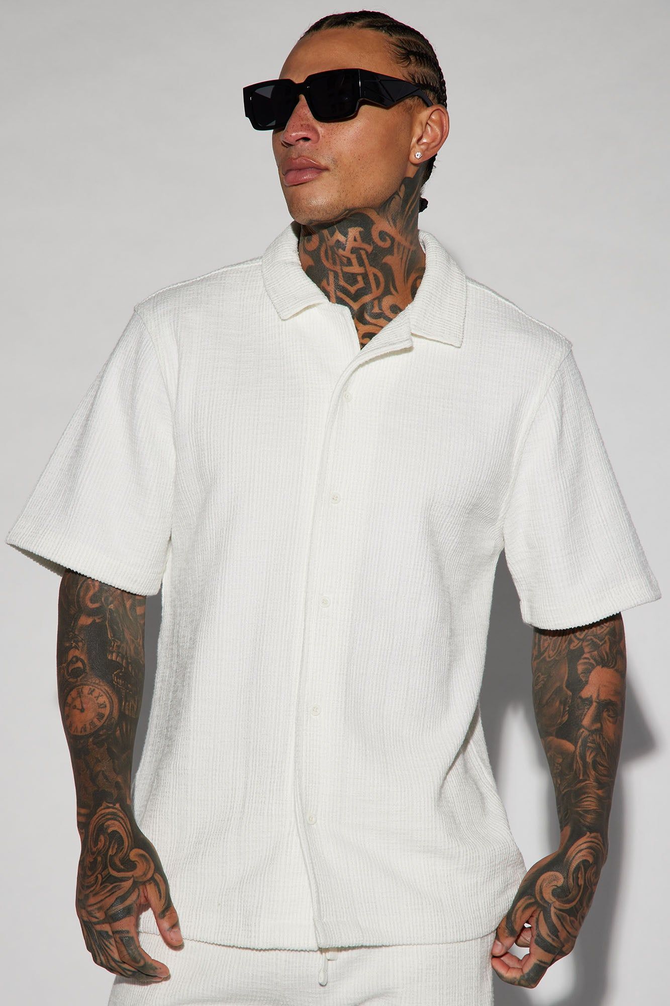 Dean Textured Short Sleeve Button Up Shirt - White sold by Fashion Nova product image thumbnail 4