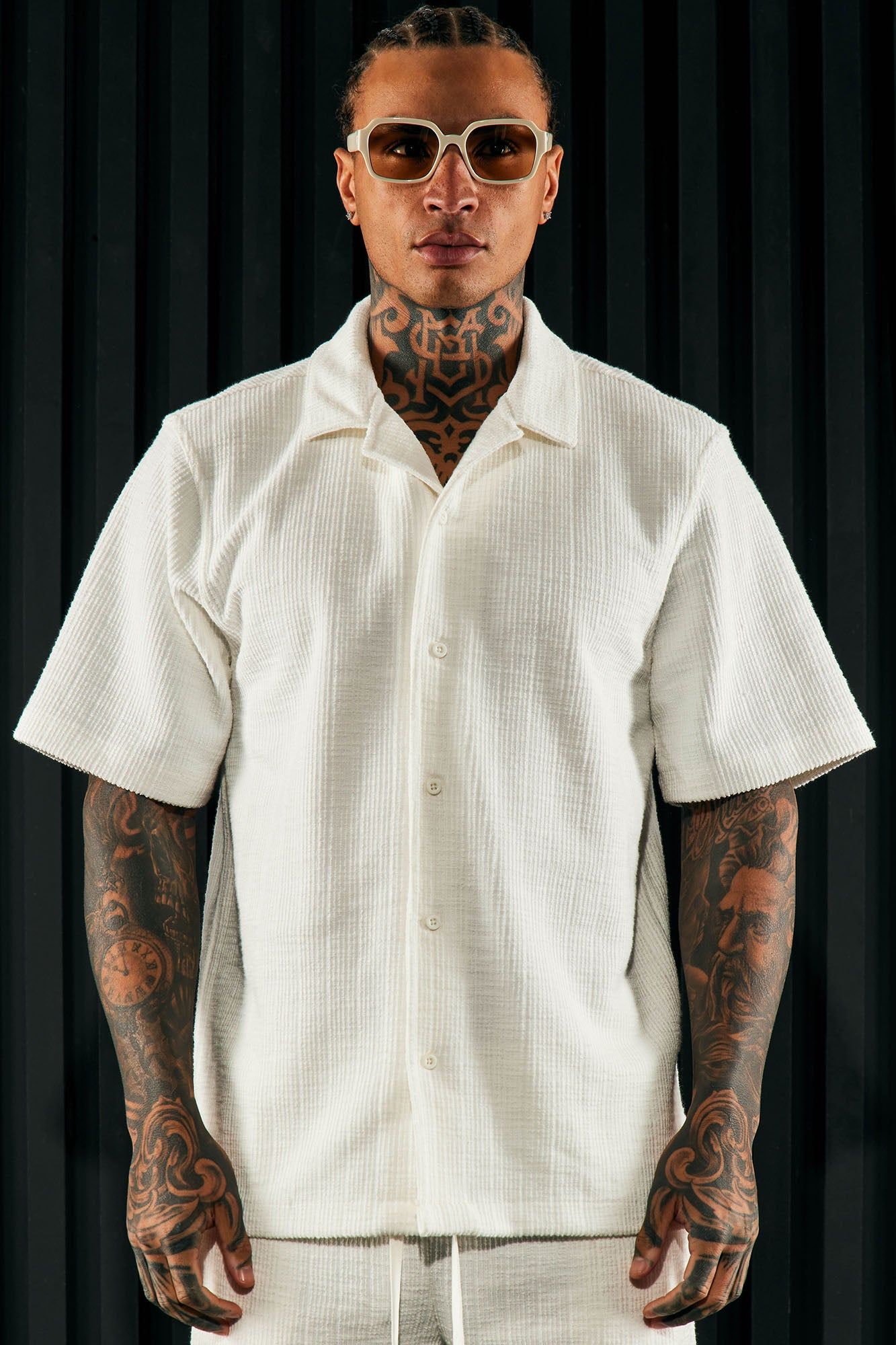 Dean Textured Short Sleeve Button Up Shirt - White sold by Fashion Nova