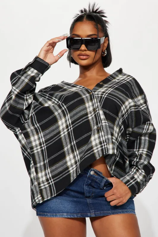 Bonfire Moments Plaid Shirt  - Black/combo sold by Fashion Nova