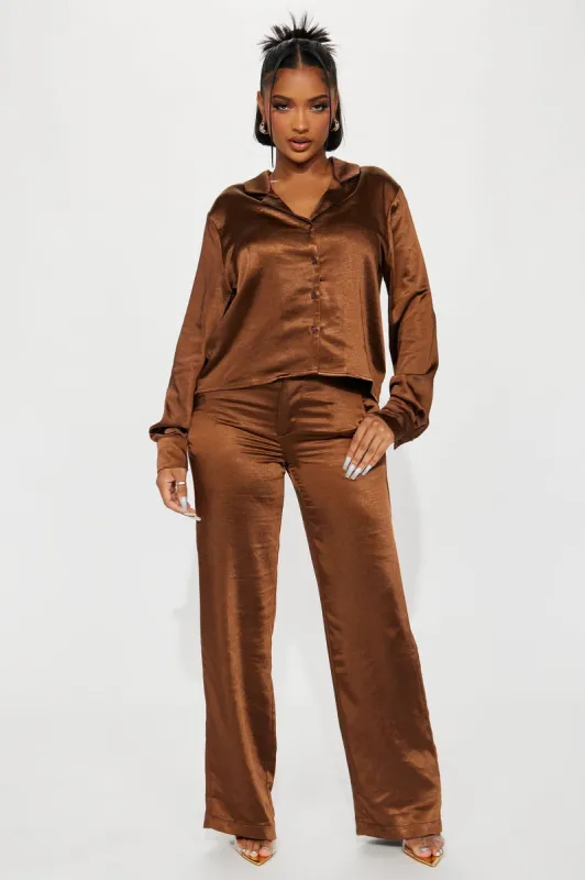 Anaya Satin Pant Set - Brown sold by Fashion Nova