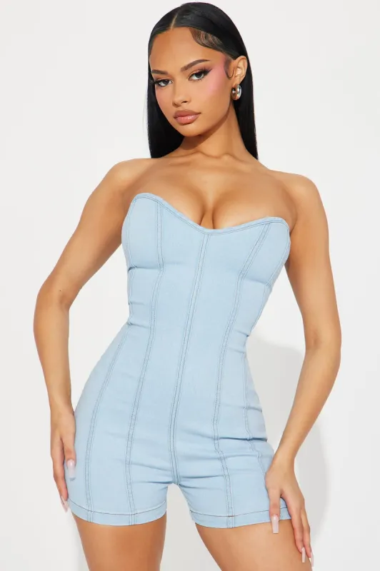 Catch Me Outside Denim Romper - Light Wash sold by Fashion Nova