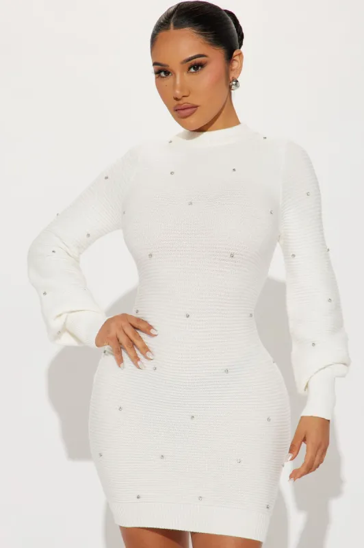 Devan Embellished Sweater Mini Dress - White sold by Fashion Nova