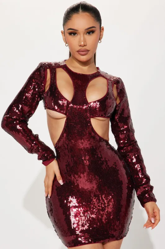 Galaxy Queen Cut Out Mini Dresss - Burgundy sold by Fashion Nova