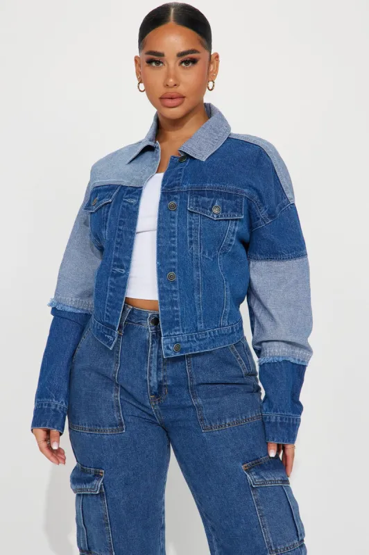 Missed Flights Patchwork Denim Jacket - Medium Wash sold by Fashion Nova