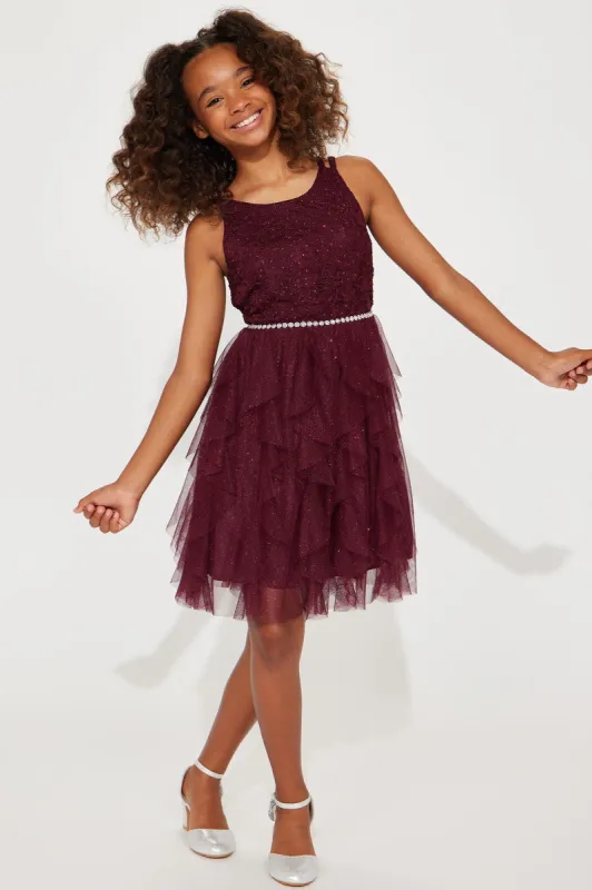 Mini Fine Dining Glitter Lace Midi Dress - Burgundy sold by Fashion Nova