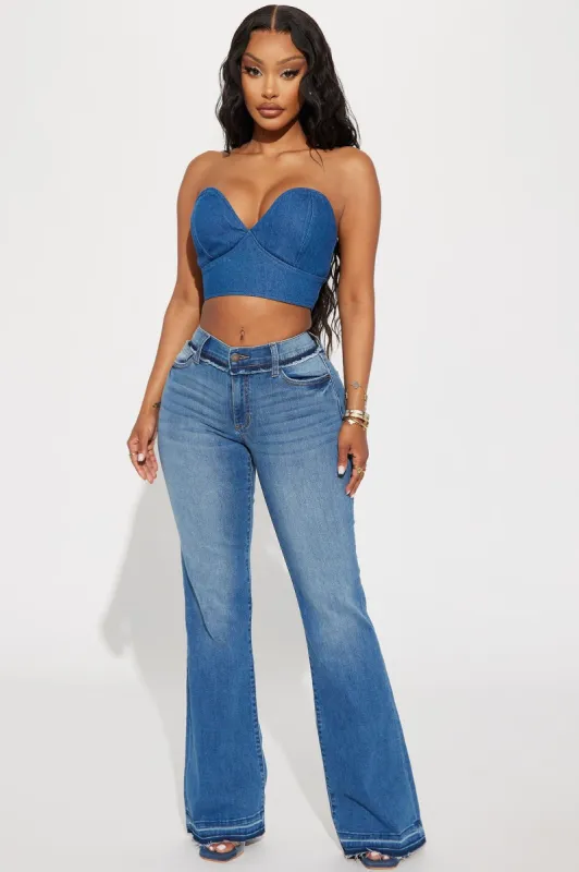 Around The World Stretch Flare Jean - Medium Wash sold by Fashion Nova