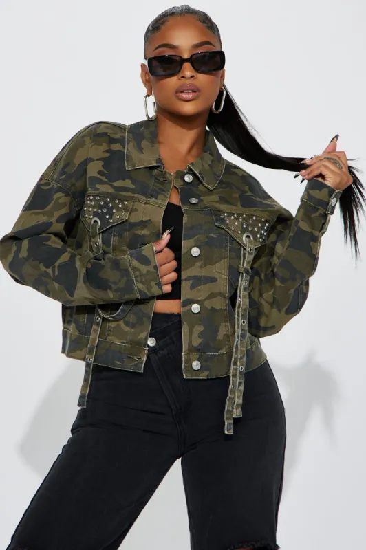 Frontline Flirt Camo Denim Jacket - Green/combo sold by Fashion Nova