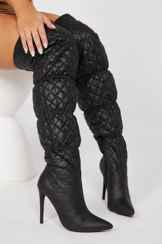 Whitney Quilted Over The Knee Boots - Black sold by Fashion Nova