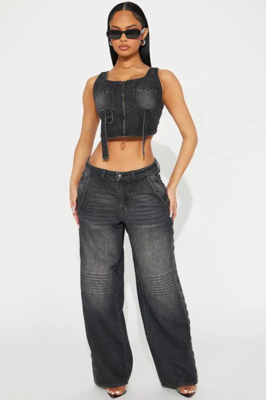 Broken Promises Baggy Moto Jeans - Black Wash sold by Fashion Nova