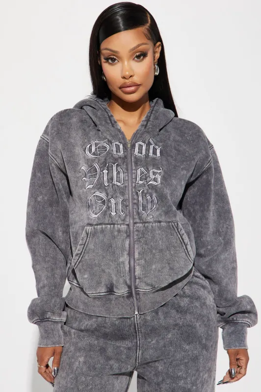 Good Vibes Washed Zip Front Hoodie - Grey/combo sold by Fashion Nova