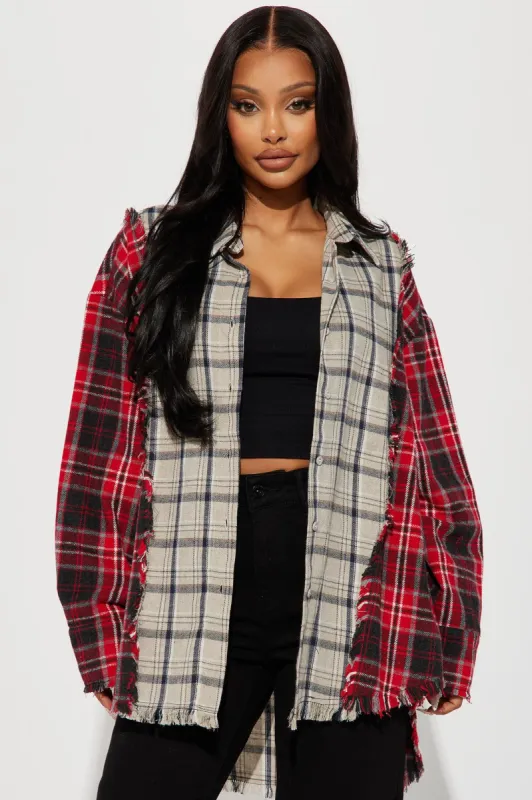 Play Ball Plaid Shirt  - Red/combo sold by Fashion Nova