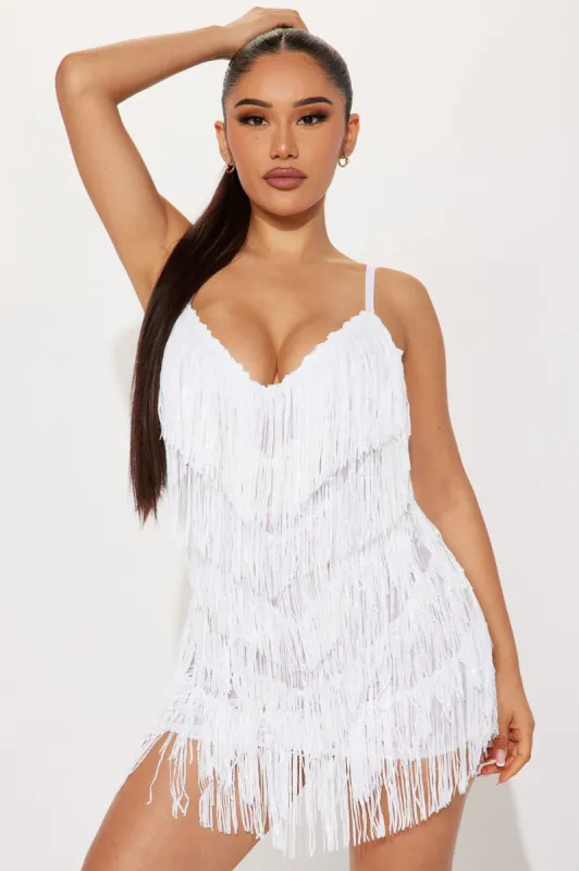 Selena Sequin Fringe Mini Dress - White sold by Fashion Nova