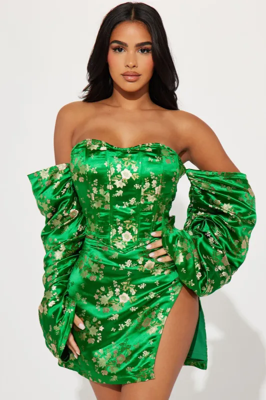 Alexandra Metallic Satin Skirt Set - Green sold by Fashion Nova