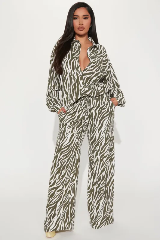 She' s A Beast Zebra Pant Set - Olive/combo sold by Fashion Nova