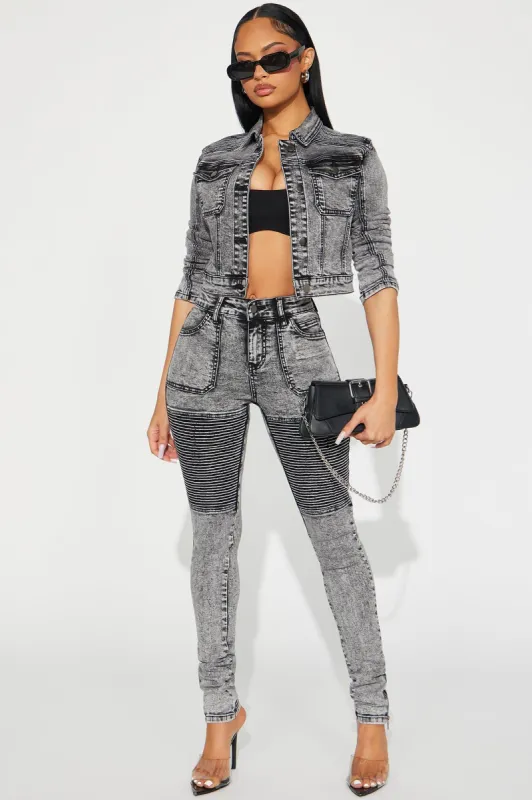 Moto Madness Stretch Skinny Jeans - Acid Wash Grey sold by Fashion Nova