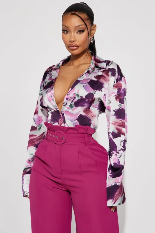Violet Satin Shirt - Purple/combo sold by Fashion Nova