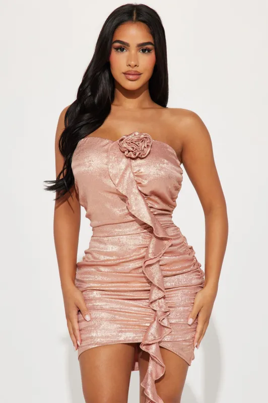 Manhattan Rosette Mini Dress - Gold/Rose sold by Fashion Nova