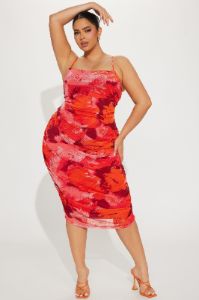Amara Abstract Mesh Midi Dress - Red/combo sold by Fashion Nova