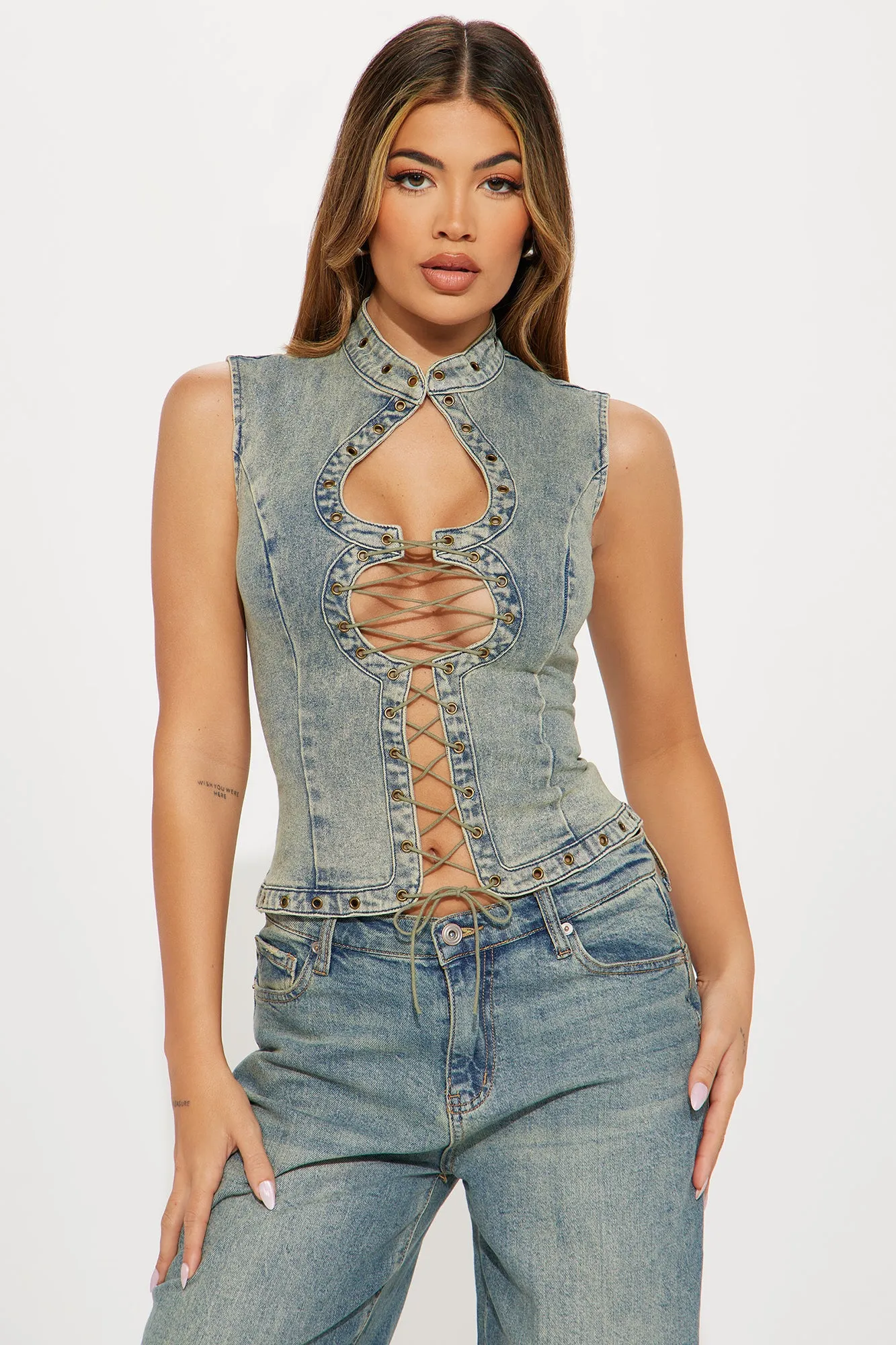That Girl Denim Top - Vintage Wash sold by Fashion Nova
